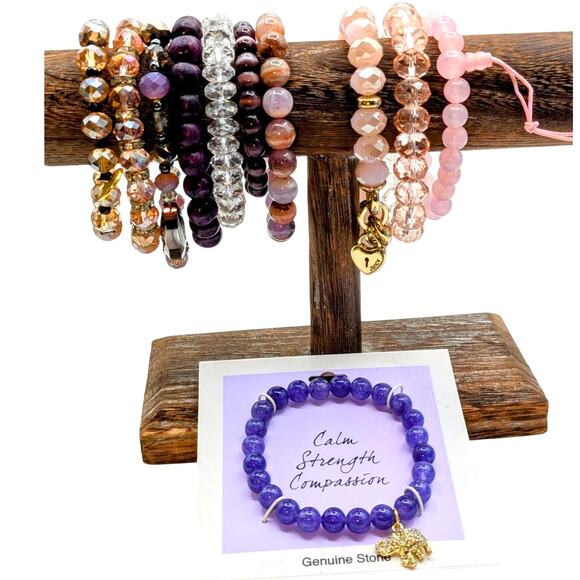 Lot of Eleven Pink Purple Crystal Stone Beaded Stretch Bracelets - Picture 1 of 6